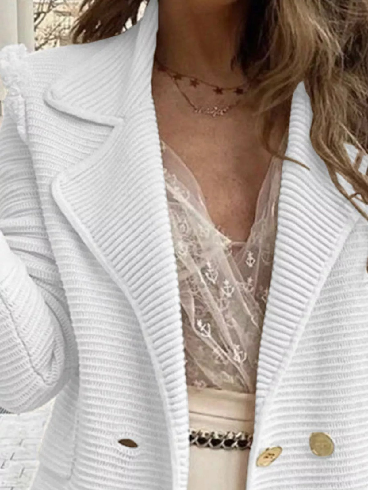 Texture Knit Double-Breasted Blazer - White - View 18