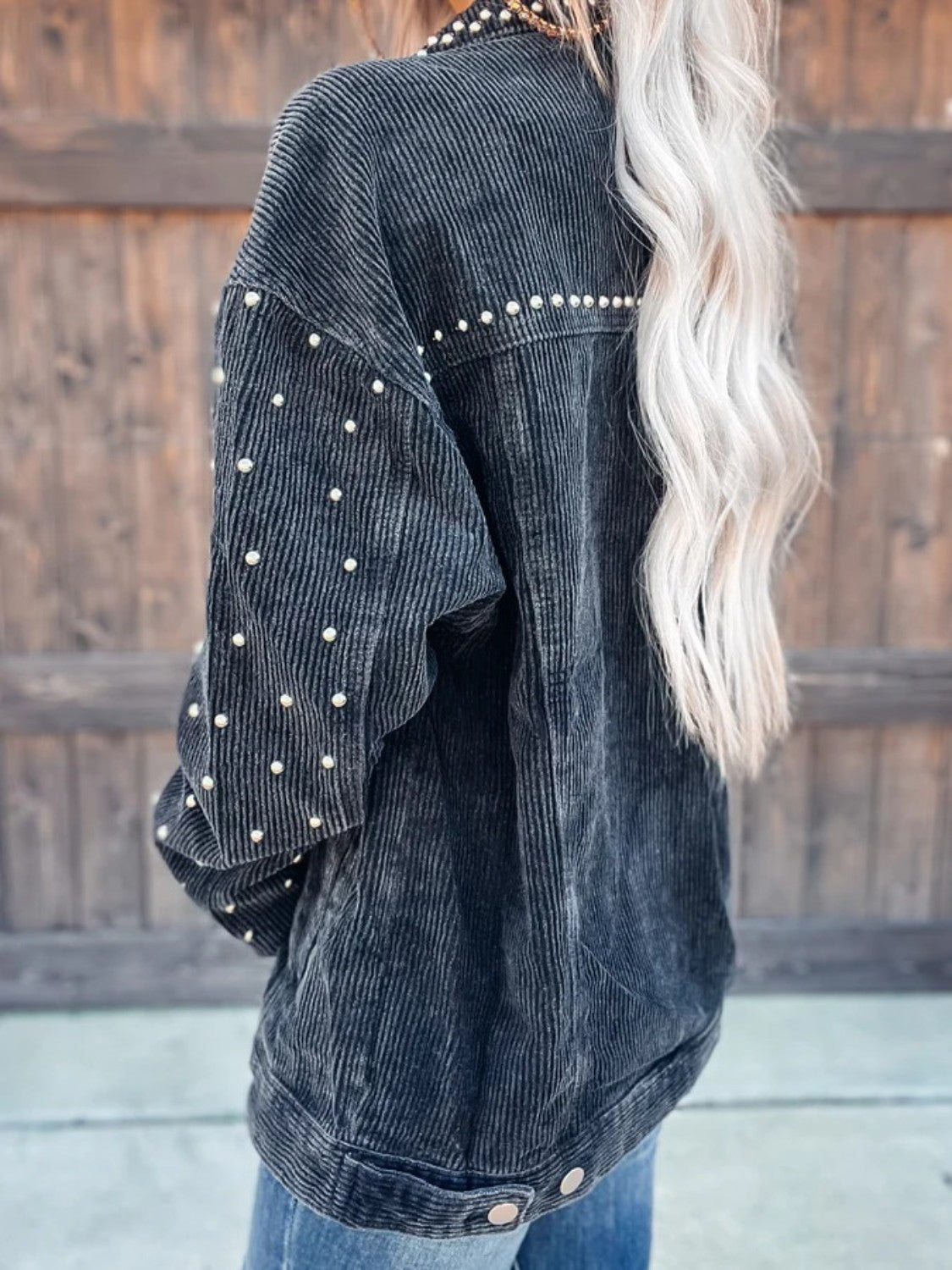 Studded Collared Neck Button Down Jacket - Black - Rear View