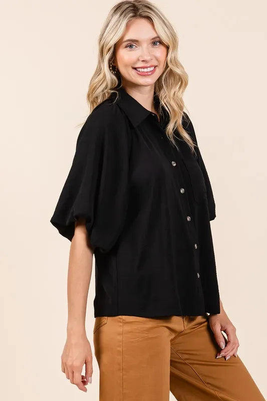 Mittoshop Airflow Short Bubble Sleeve Button Down Shirt - Black - View 4