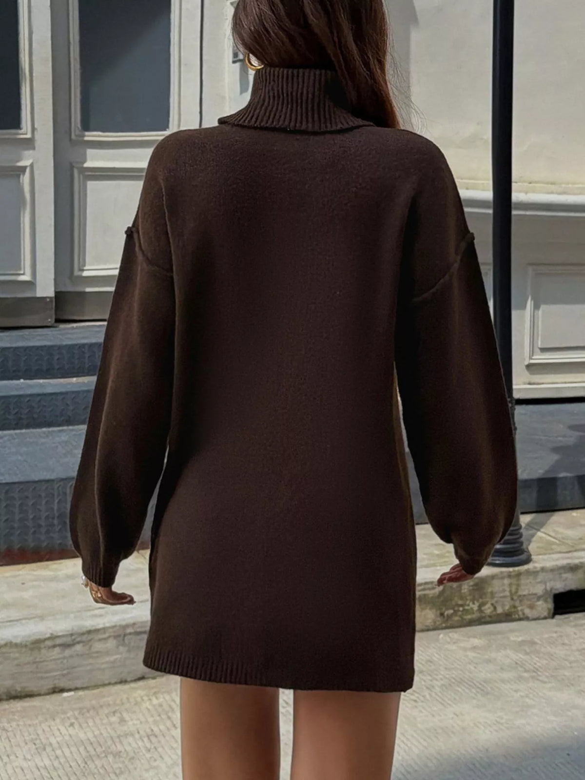 Turtleneck Long Sleeve Sweater Dress - Brown - View 5