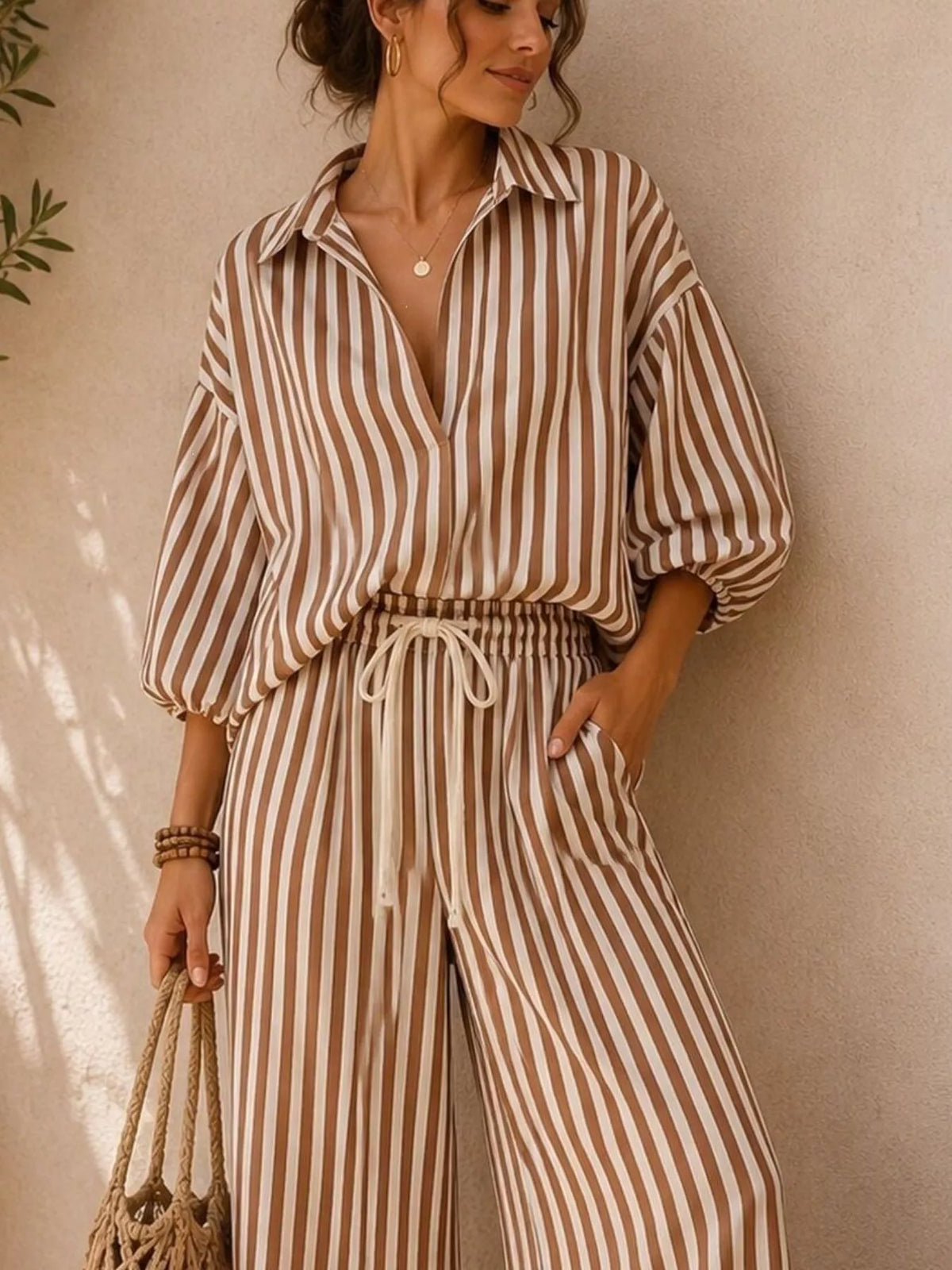 Full Size Striped Relaxed Fit Shirt and Wide-Leg Pants Set Plus Size - Camel - View 3