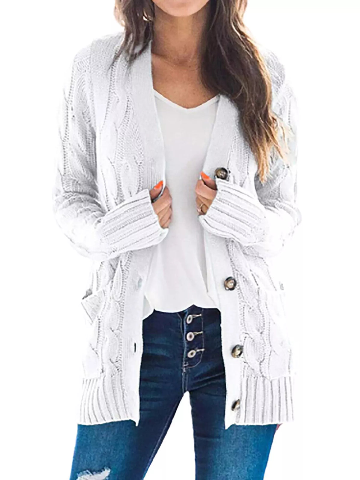 Full Size Chunky Cable Knit Button-Down Cardigan Plus Size - White - View 1