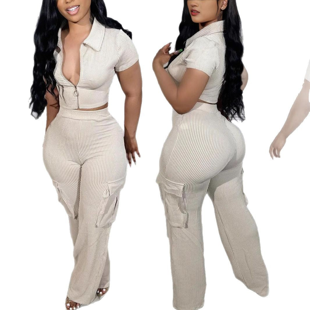 TK Fashion New Style Set Zip-Up Cardigan Multi-Pocket Pants Casual Solid Color Two-Piece Set
