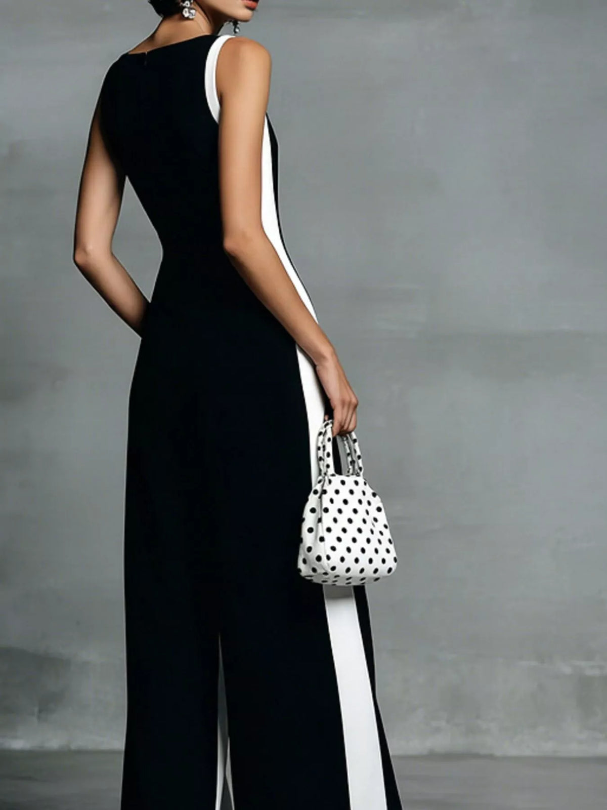 Contrast Trim V-Neck Sleeveless Jumpsuit - Black - View 3
