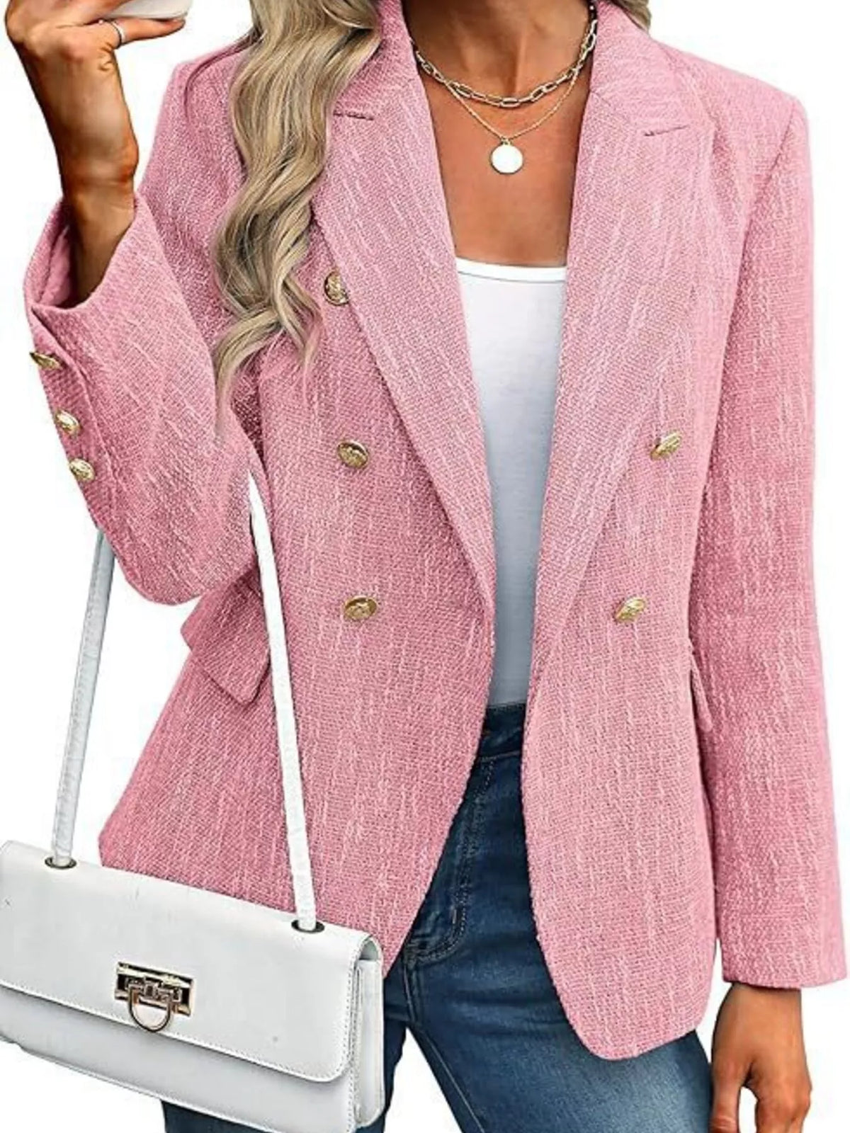 Double-Breasted Lapel Collar Blazer - Pale Blush - View 18