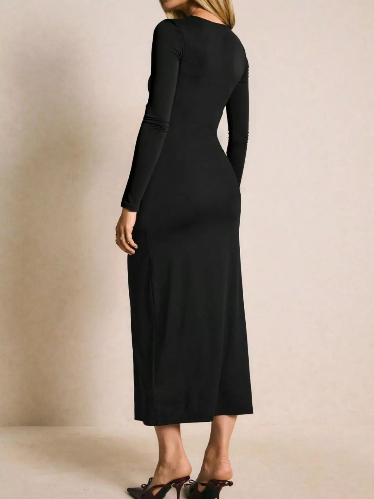 Ruched Slit Long-Sleeve Bodycon Dress - Black - View 5