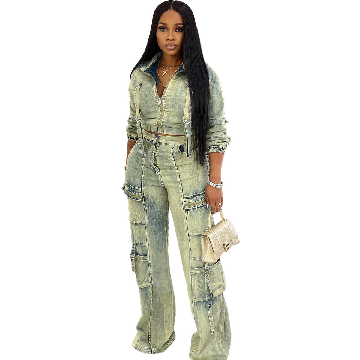 Fashionable Sexy High-Elastic Multi-Pocket Washed Denim Casual Two-Piece Set for Women
