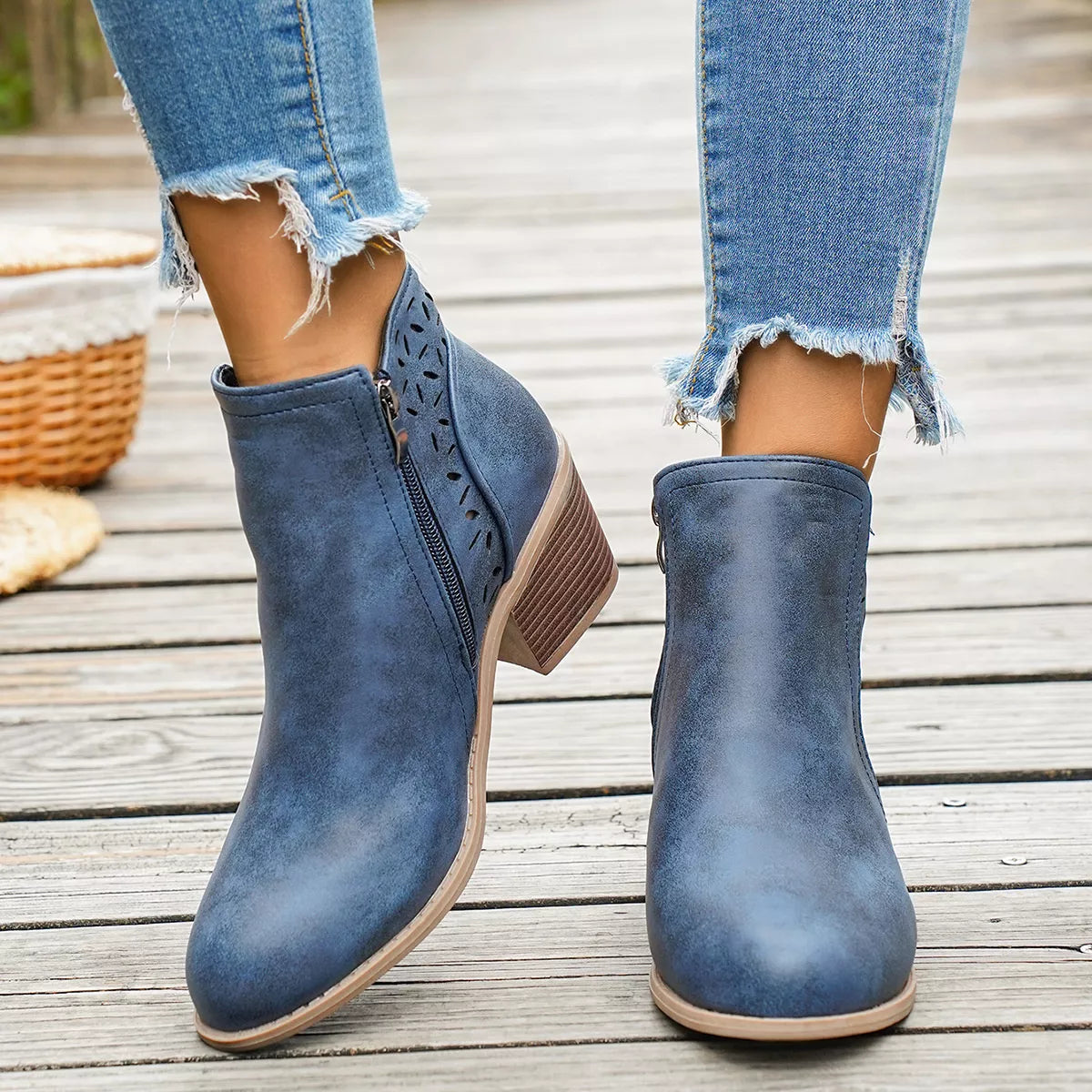 Round Toe Block Heels Boots - Blue - View 12