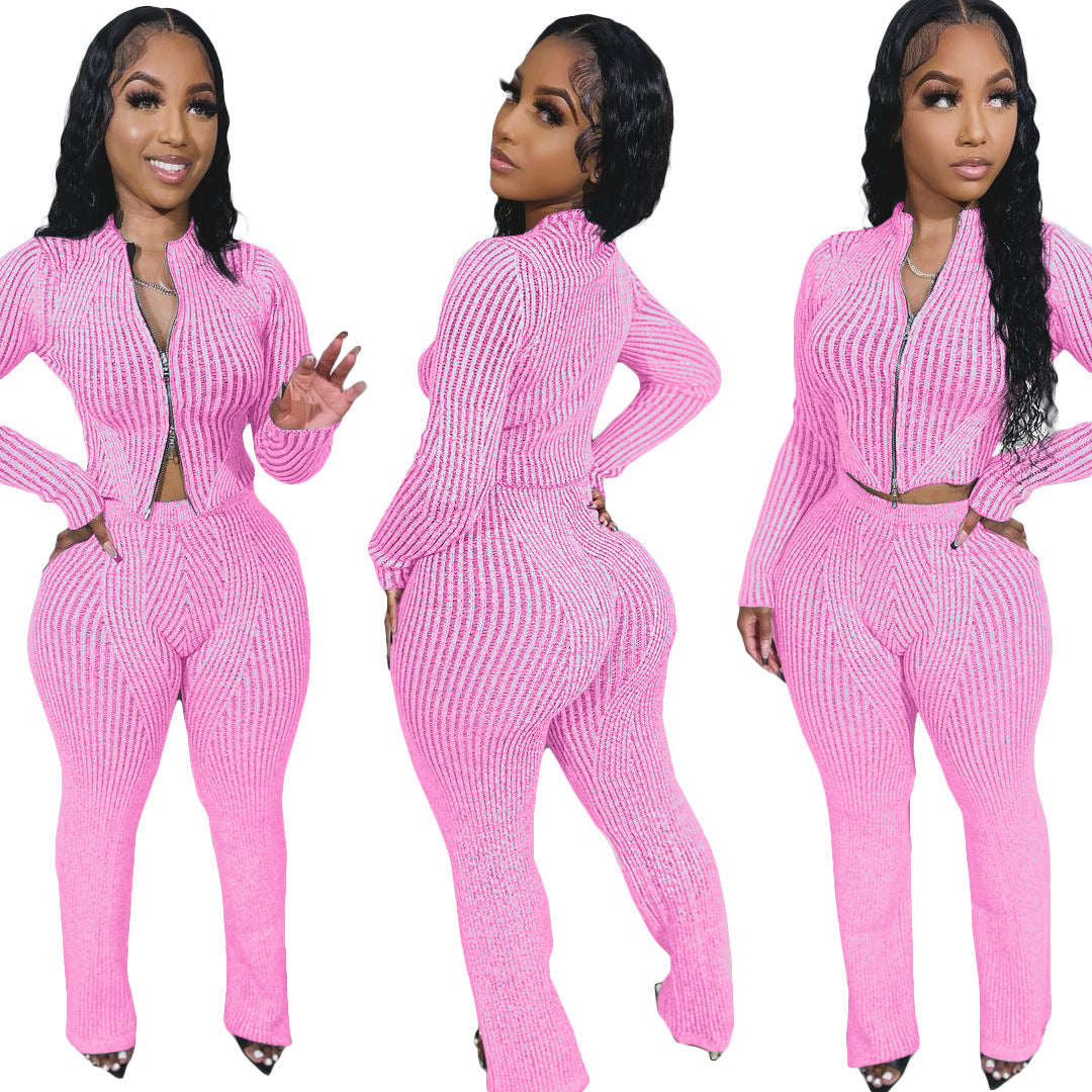 Fashionable Casual Women's Knit Sweater with Two-Way Zipper Urban Autumn/Winter Outfit Set