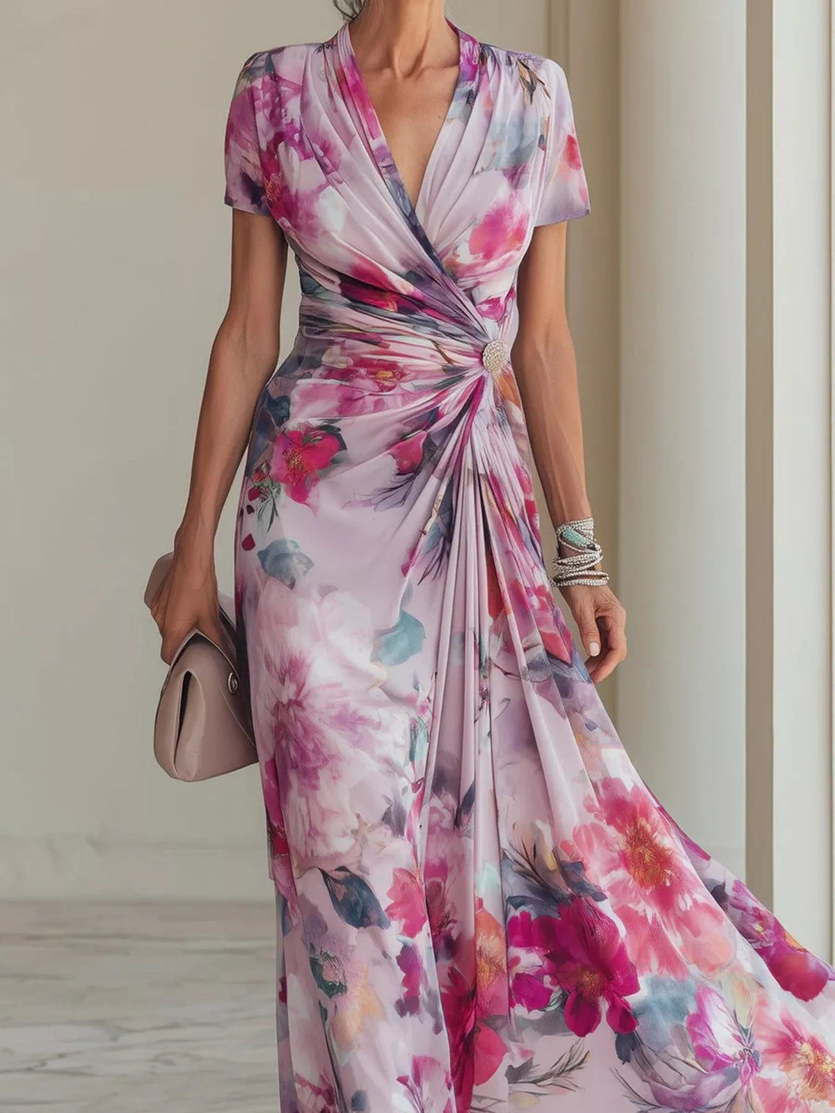 Floral Print Ruched Short Sleeve Maxi Dress - Moonlit Mauve - View 3