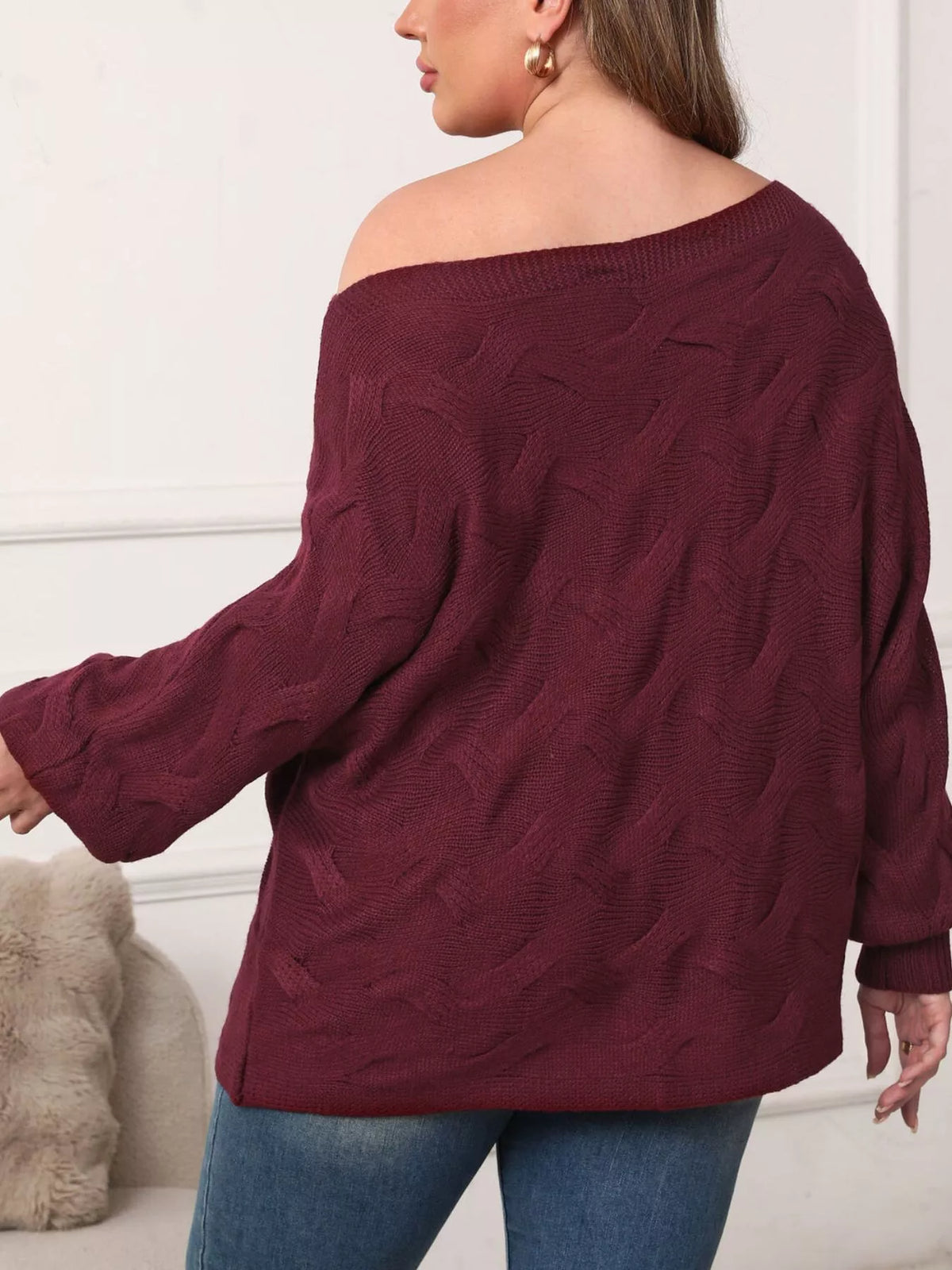 Plus Size Off-Shoulder Long Sleeve Sweater - Burgundy - View 7