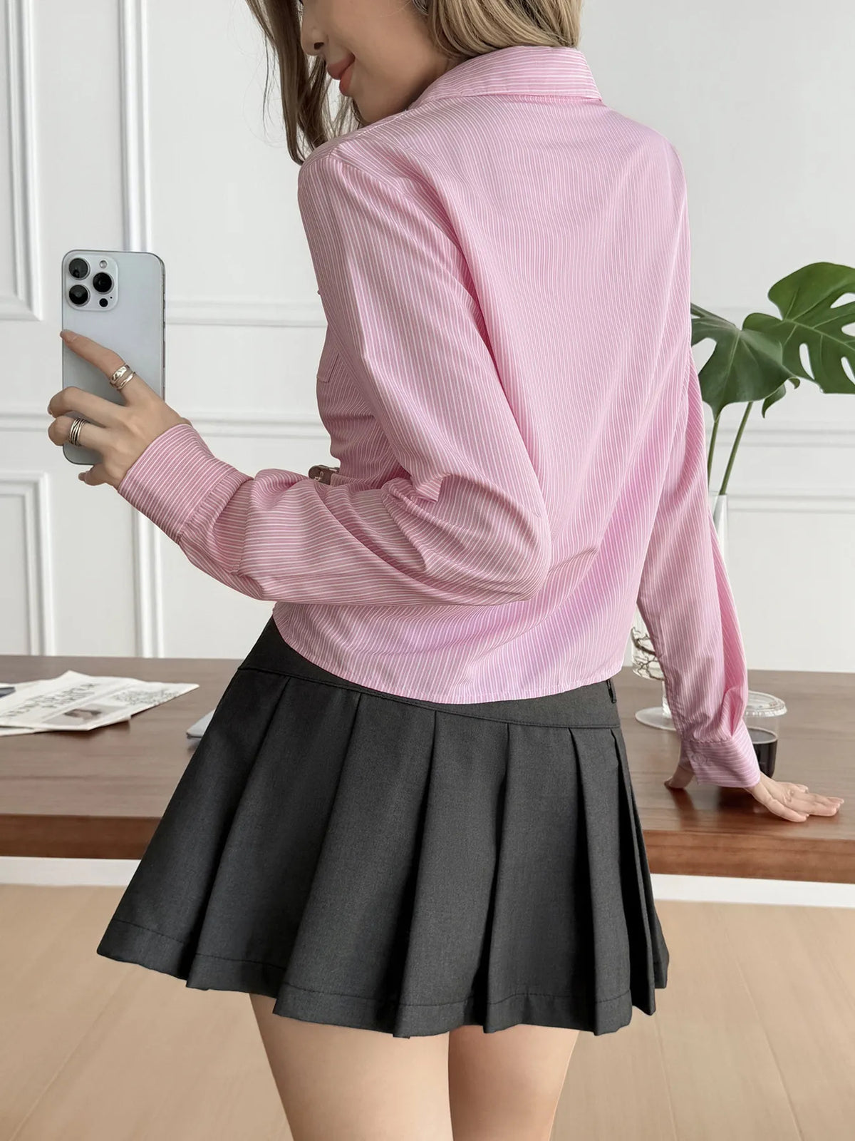 Striped Button-Up Long Sleeve Shirt - Pink - View 5