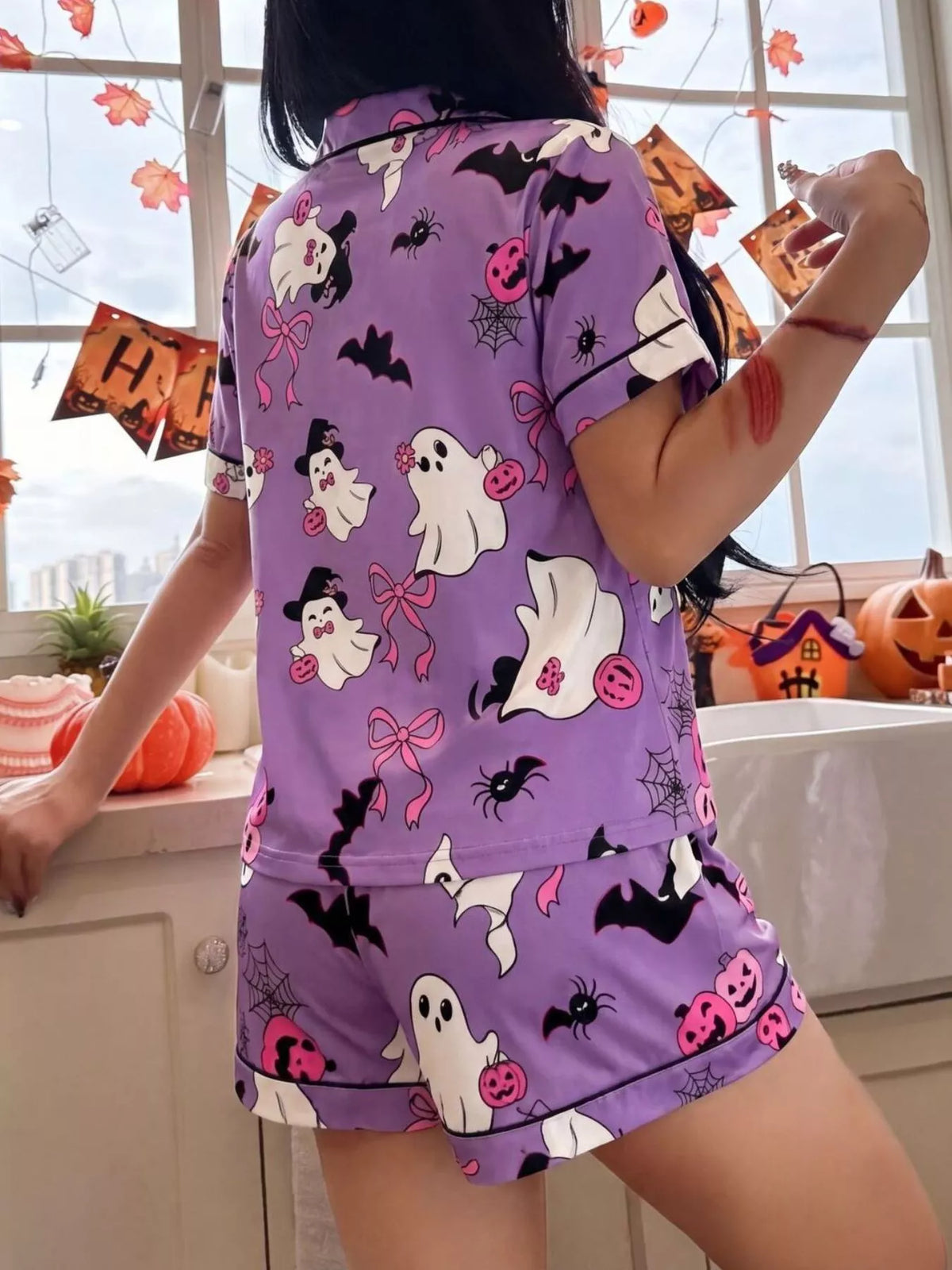 Halloween Ghost Print Button-Down Top and Shorts Lounge Set - Purple - View 4