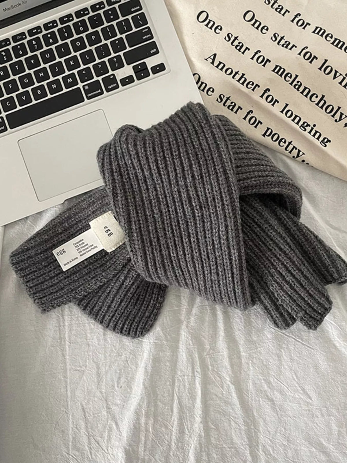 Knitted Ribbed Scarf - Gray - View 7
