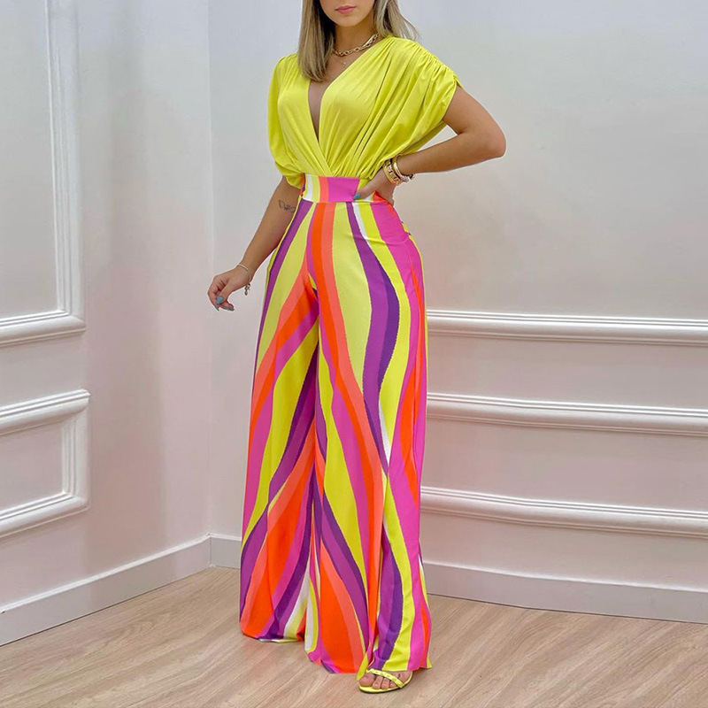 Spring Summer New Fashion V-Neck Printed High-Waisted Wide-Leg Pants Casual Set Women's Stylish Outfit