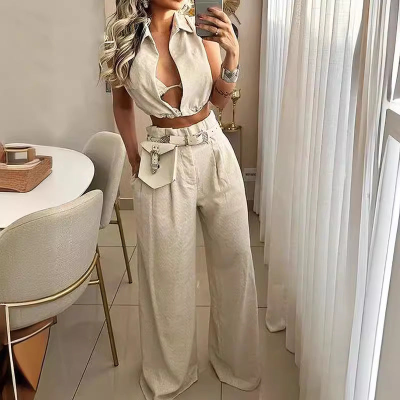 Fashion Casual Sleeveless Two-Piece Set Shirt Collar Tie String Multi-Pocket Outfit