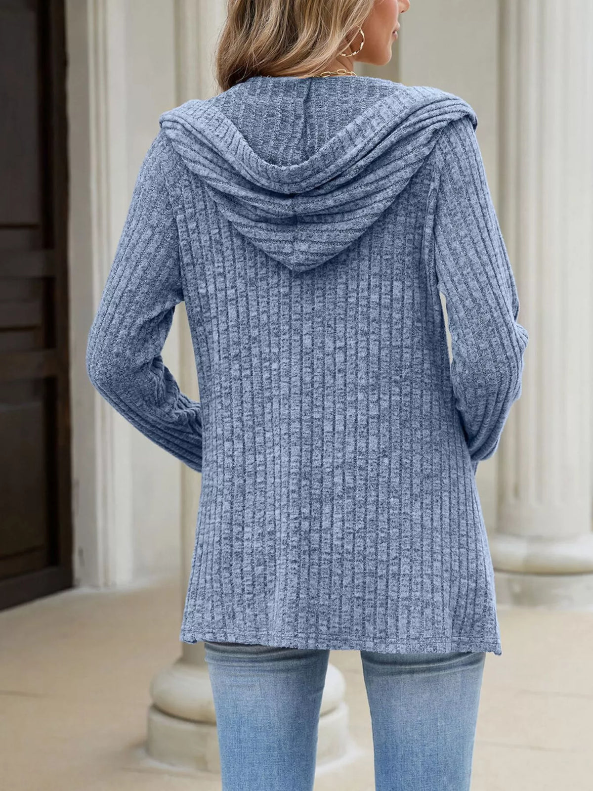 Ribbed Knit Hooded Button-Down Cardigan - Colorful Blue - View 6