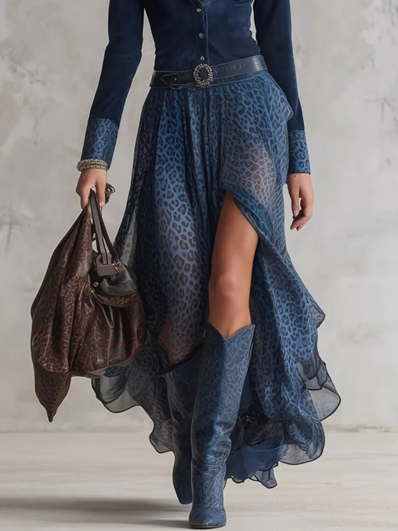 Leopard Button Front Slit Maxi Dress - Navy - Styled Lower Body Detail