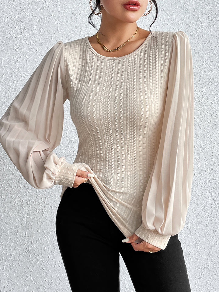 Honey Pleated Puff Sleeve Round Neck Blouse - Cream - View 3