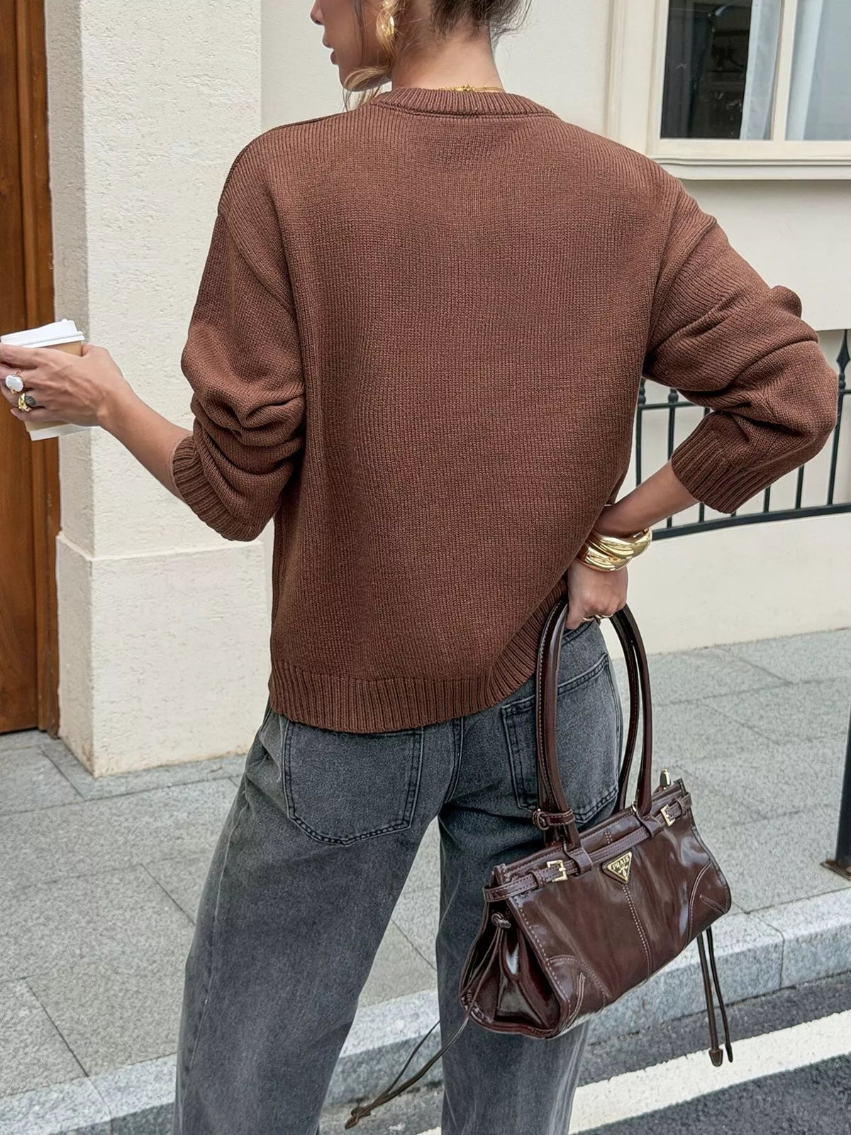 Crew Neck Ribbed Hem Sweater - Brown - View 5