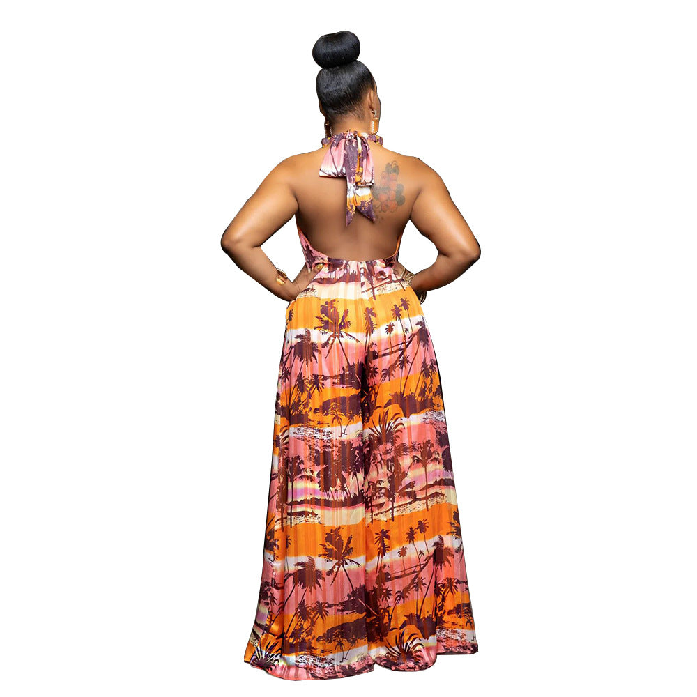 Hanging neck and exposed back loose jumpsuit for women