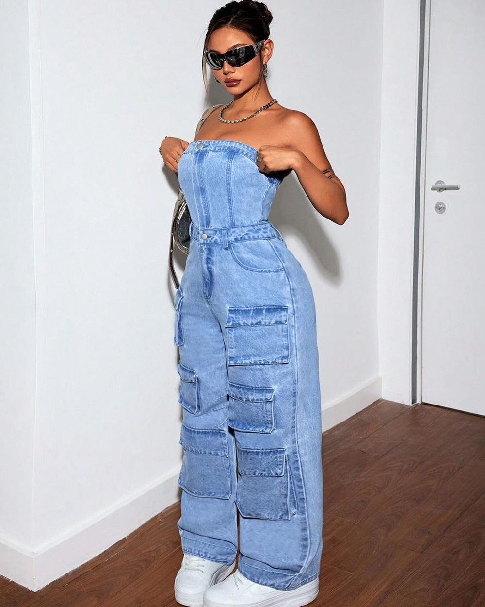 Women's Denim Jumpsuit Fashion Crop Top Multi-Pocket Utility Pants