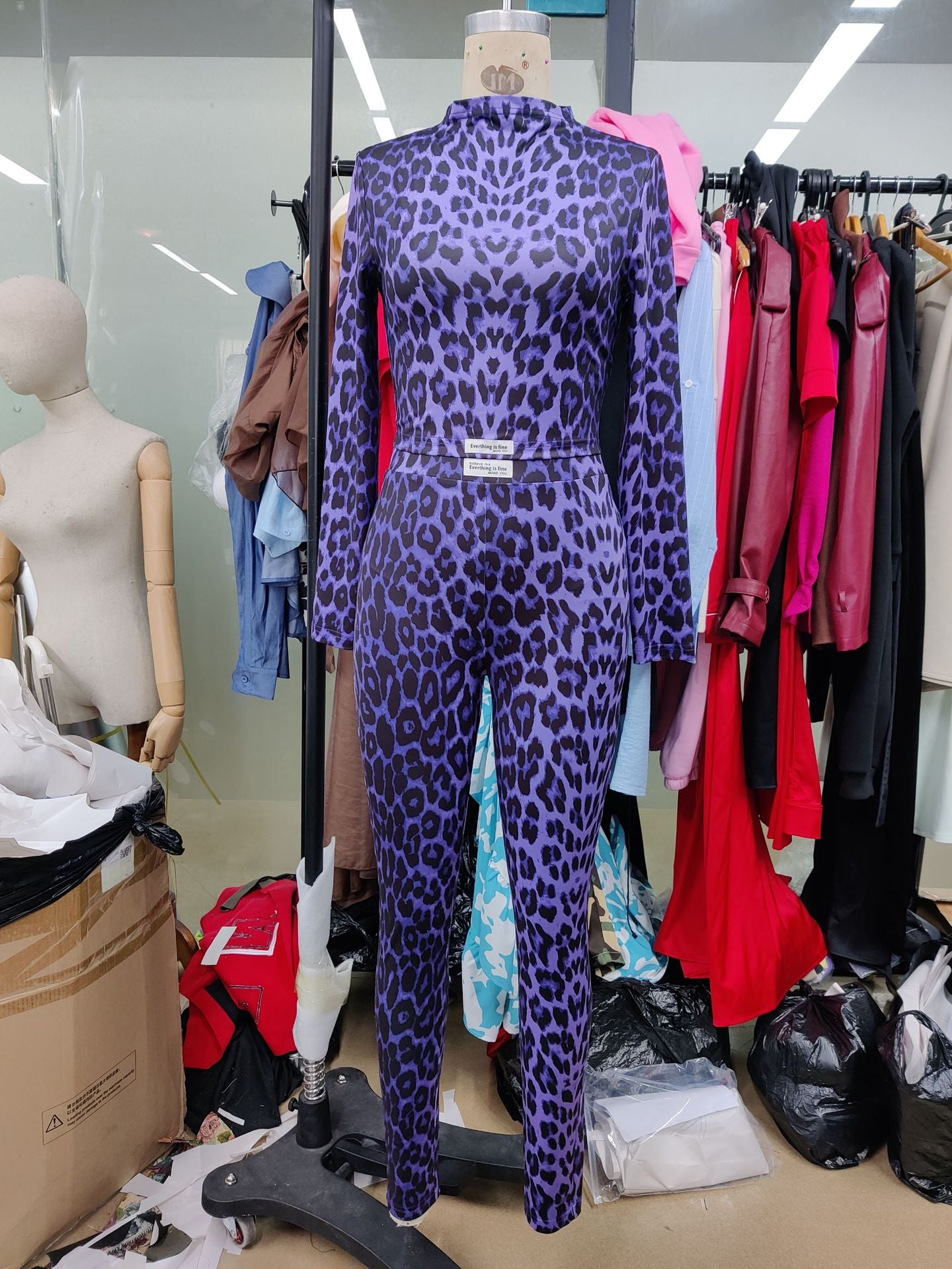 Fashion Leopard Print Long Sleeve Top High Waist Two-Piece Set Women's Outfit