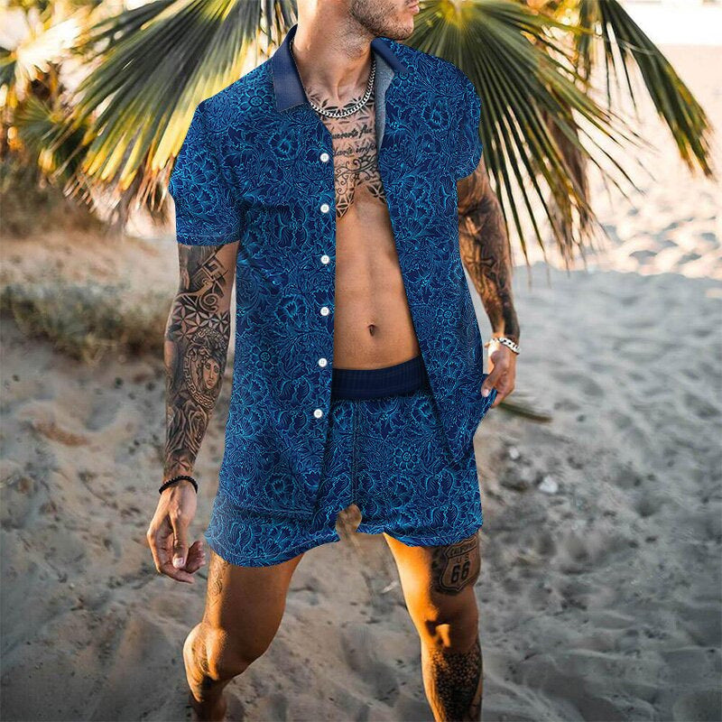 Casual loose print two-piece shirt beach suit for men