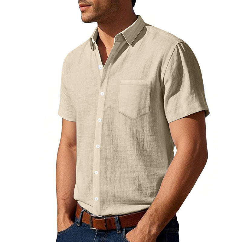 Cotton Linen Short Sleeve Shirt for Men Turn-down Collar Casual PocketDress Shirt, Summer