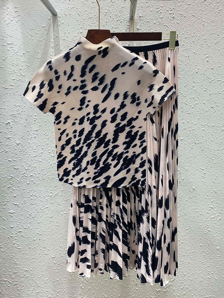 Printed Short Sleeves Pleated T-shirt Loose Long Skirts Female Retro Two Pieces Set Trendy Summer