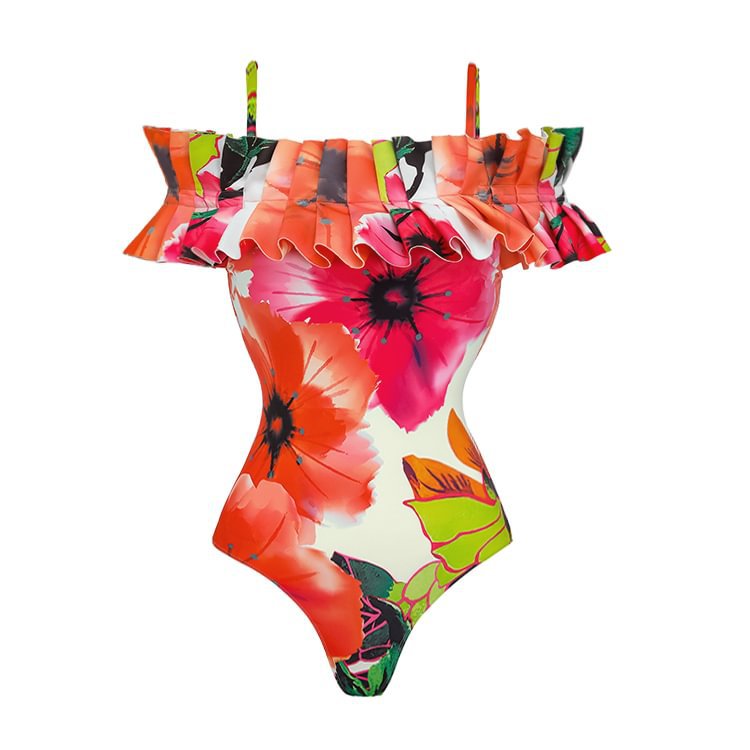 Women's swimsuit Vintage Off Shoulder Printed Onepiece bikini set Swimsuit Sarong Summer Swimwear Beachwear Bathing suit