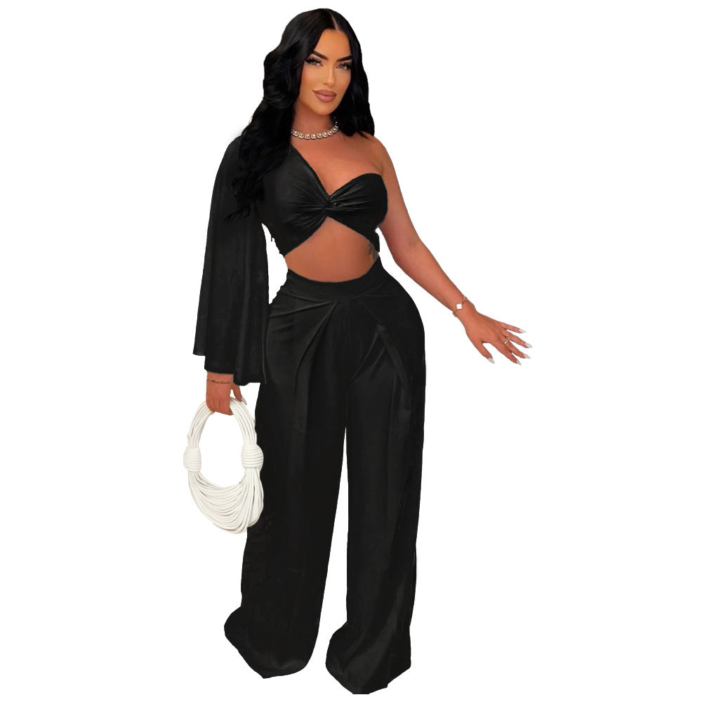 Single shoulder pleated top and pants set
