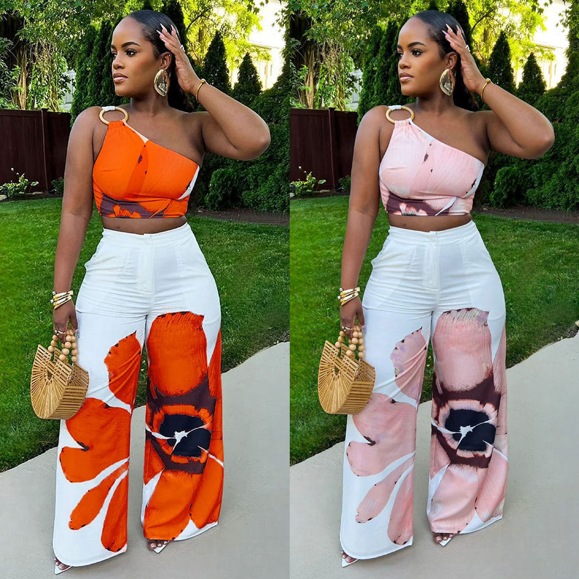 Flower print one shoulder slim fit wide leg pants two-piece set