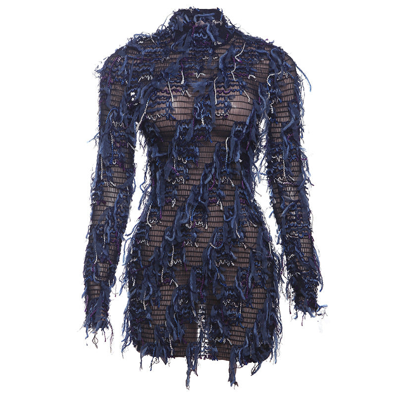 Long Sleeve Striped Fringe High Waist Dress for Women