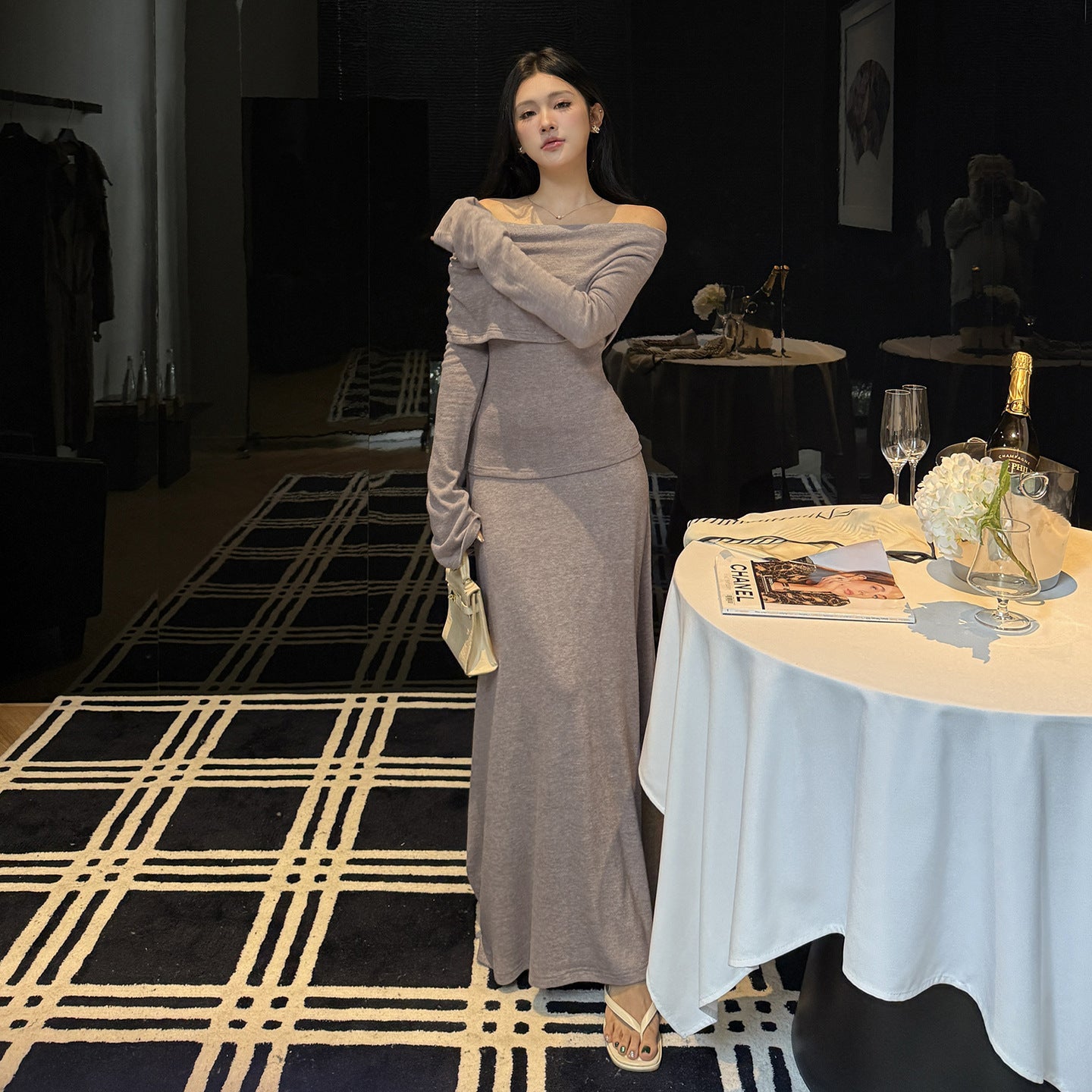 One shoulder knitted suit women's autumn and winter dress