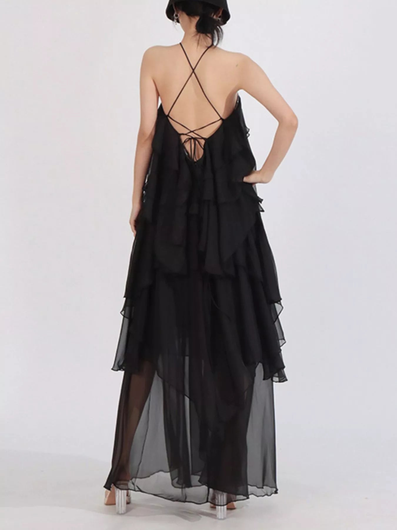 Ruffled Chiffon Halter Neck Maxi Dress - Black - Styled Rear View