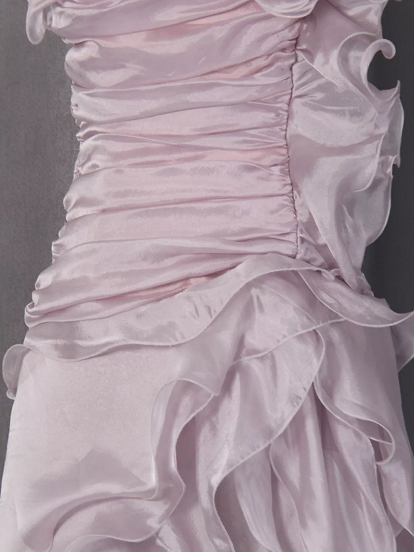 Ruffled High-Low Strapless Dress - Purple - Ruched Bodice and Ruffle Detail View