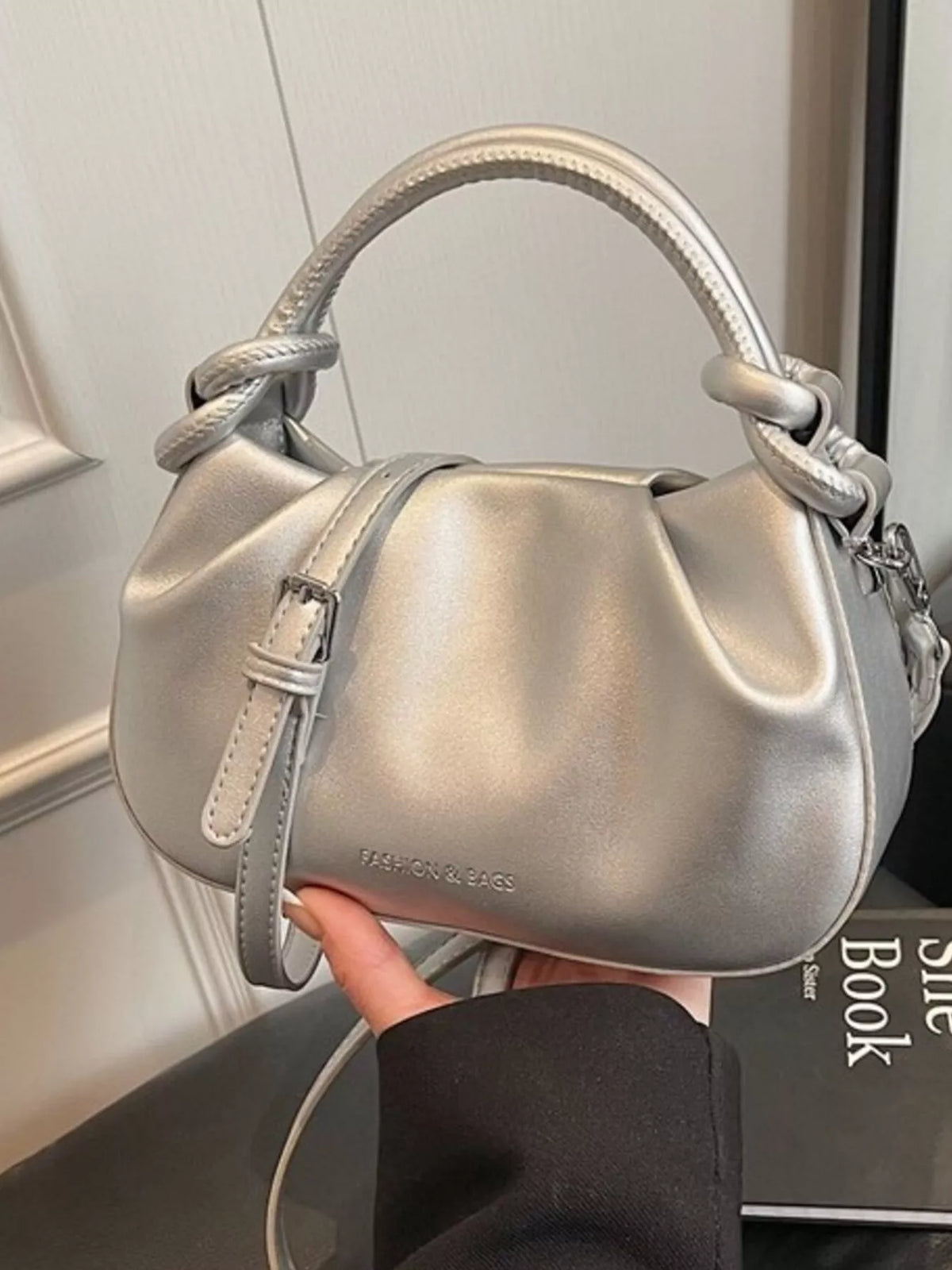 Knot Handle Ruched Crossbody Bag - Gray - View 12