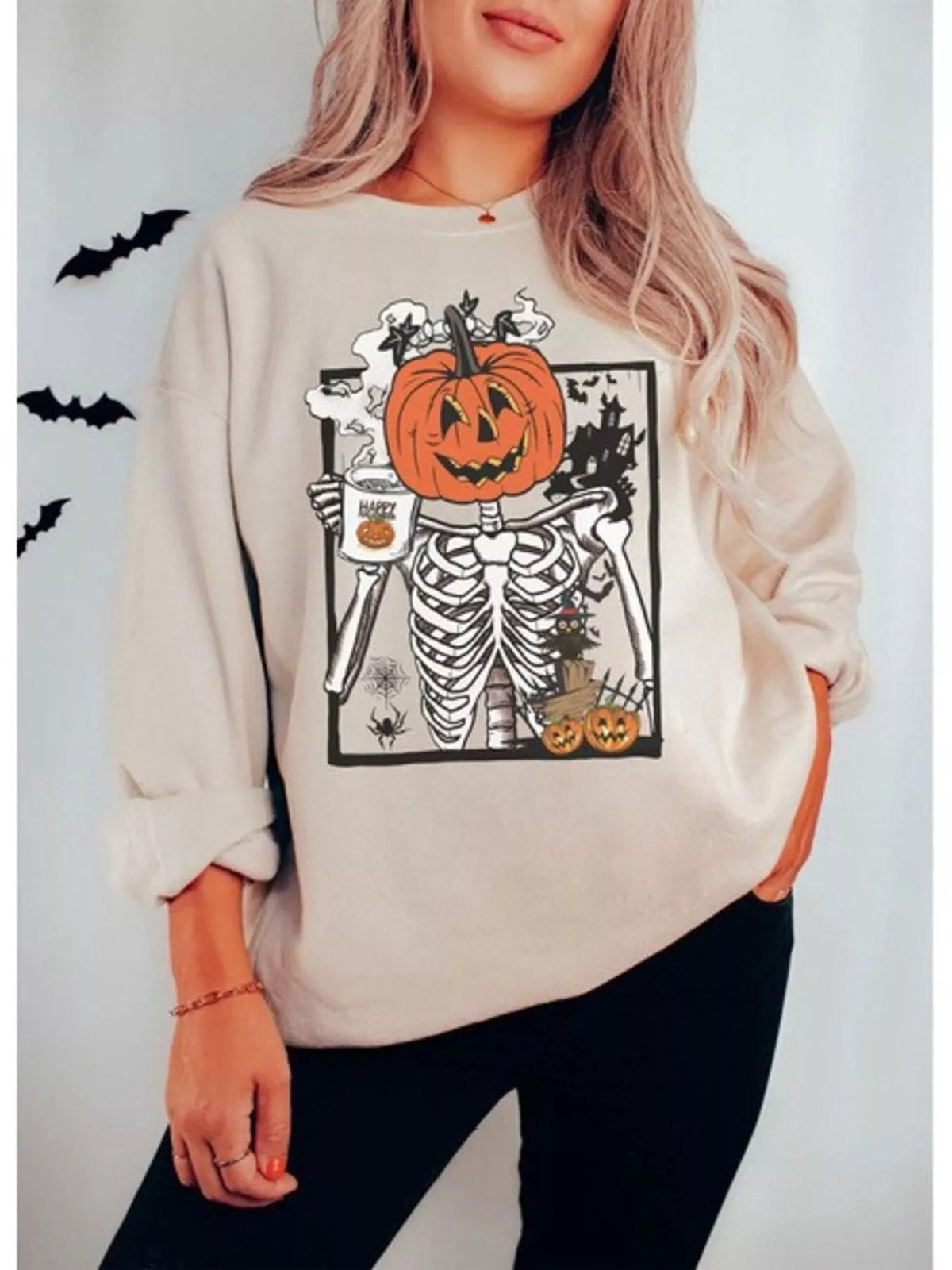 Halloween Pumpkin Floral Round Neck Sweatshirt - Beige - View 1