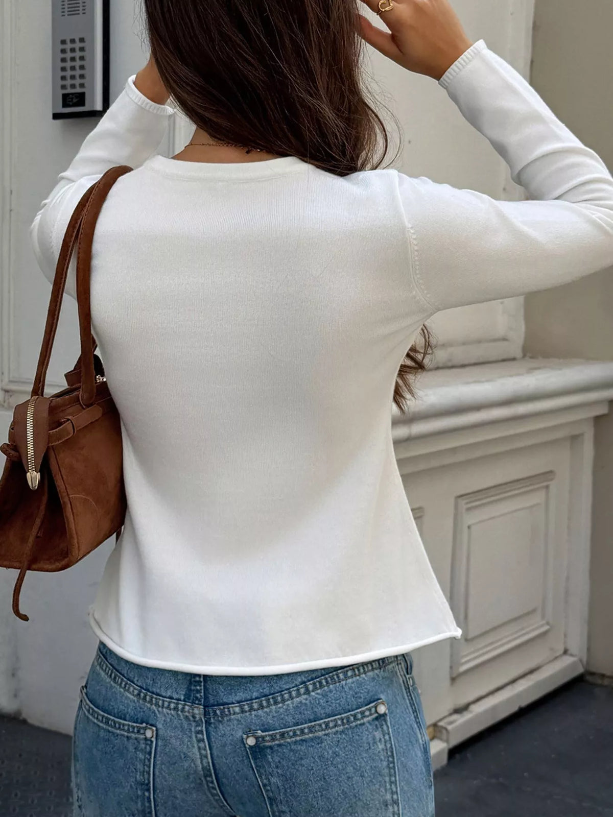Button-Front Long Sleeve Cardigan - White - View 5