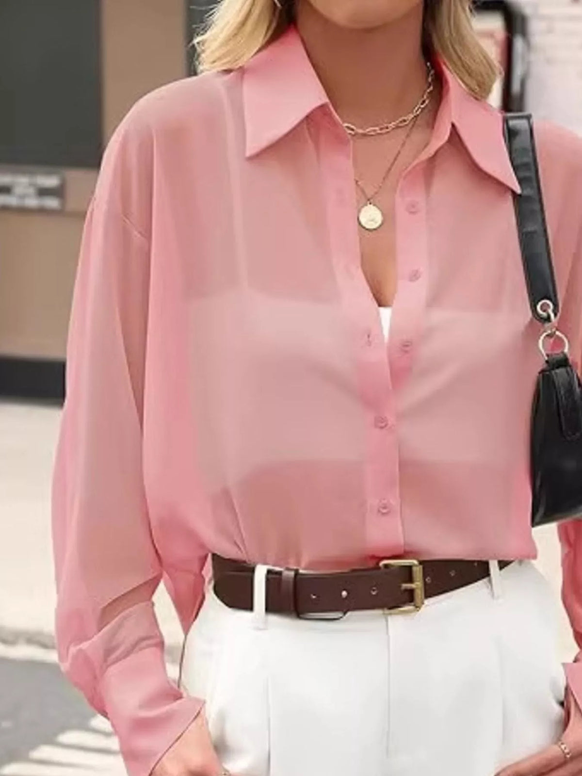 Elegant Sheer Long Sleeve Shirt - Pink - View 6