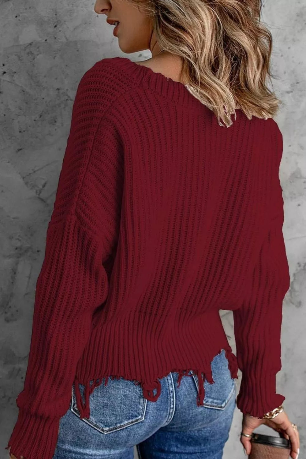 Full Size Raw Hem V-Neck Sweater Plus Size - Burgundy - View 2