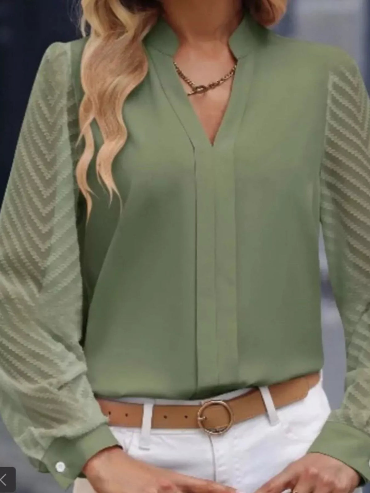 Notched Long Sleeve Blouse - Green - View 15