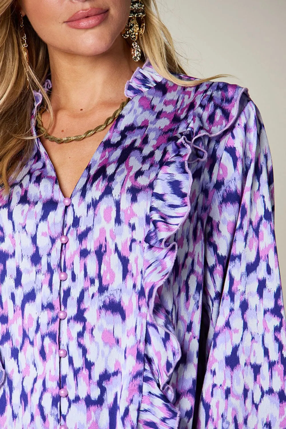 Double Take Full Size Printed Ruffle Trim Balloon Sleeve Shirt Plus Size - Blue Purple - View 5