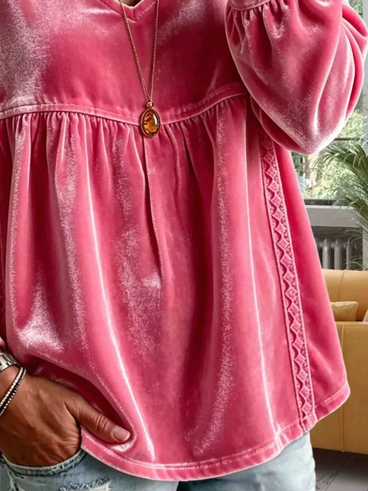 Full Size Velvet Lace Detail V-Neck Blouse Plus Size - Fuchsia Pink - View 22