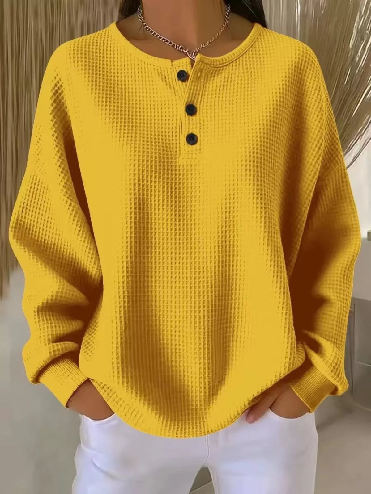 Full Size Waffle Knit Button Detail Top Plus Size - Yellow - View 1