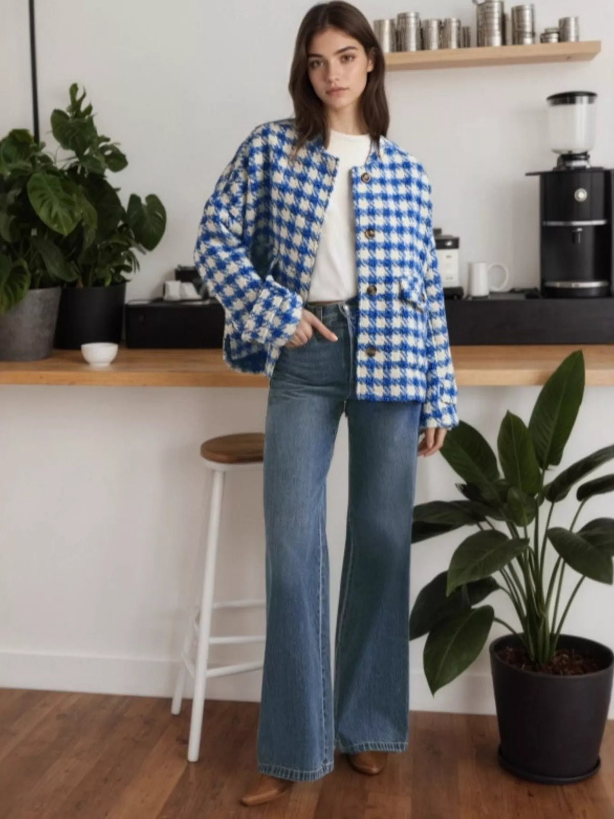 Houndstooth Button Up Long Sleeve Jacket - Blue - View 4