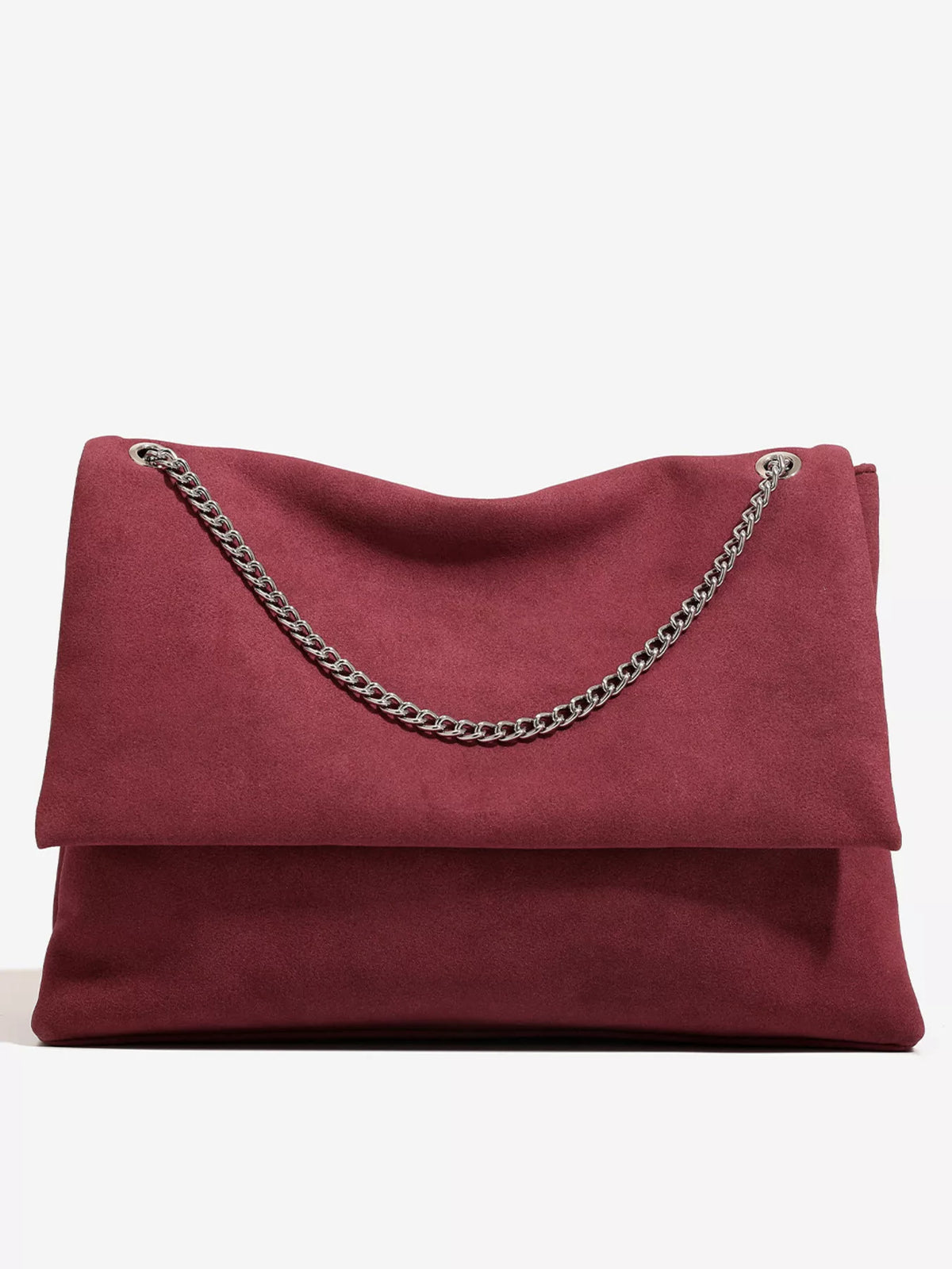 Suede Shoulder Bag with Metallic Chain Strap - Red - View 7