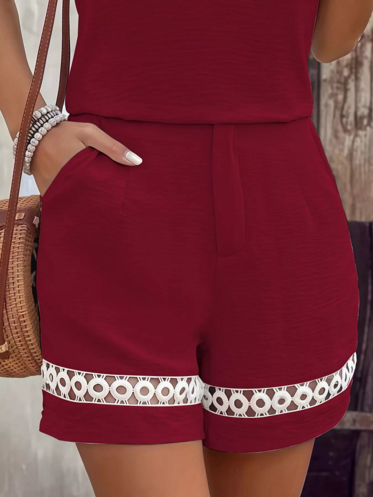 Lace Trim Short Sleeve Top and Shorts Set - Red - View 3