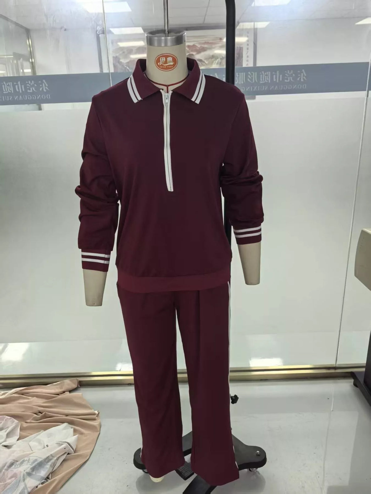 Striped Half Zip Top and Pants Set - Burgundy - View 14